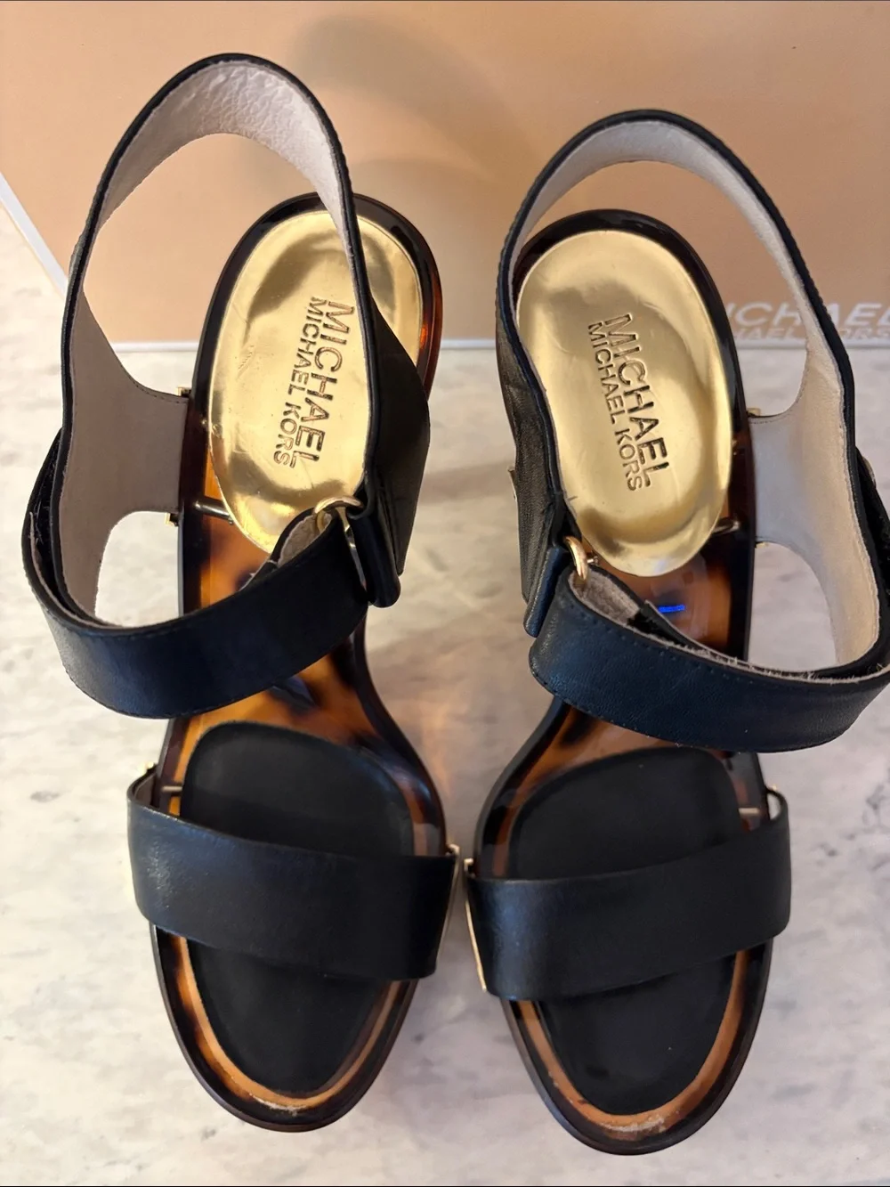 Michael Kors Black Leather Lani Sandals with Gold Accents size 9